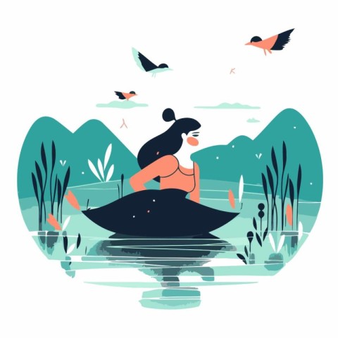 Vector illustration of a girl in a swimsuit on the lake. The gir