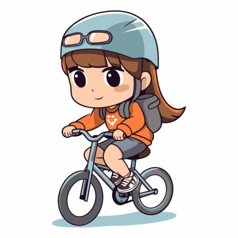 Cute little girl in helmet riding a bicycle. Cartoon style vecto