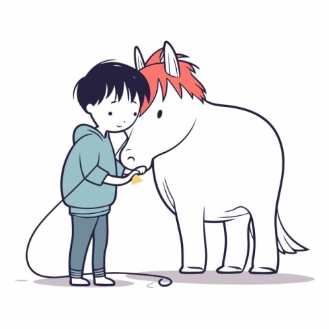 Illustration of a boy stroking a white horse on a white backgrou