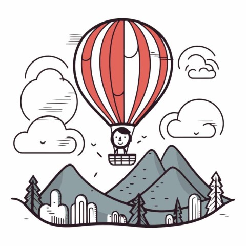 Hot air balloon flying over the mountains in line art style.