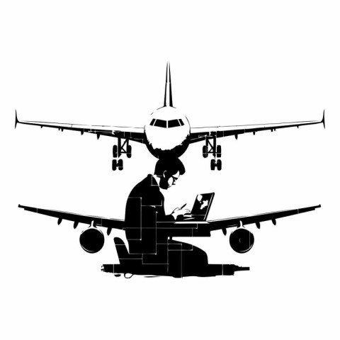 Silhouette of a man with a laptop and airplane