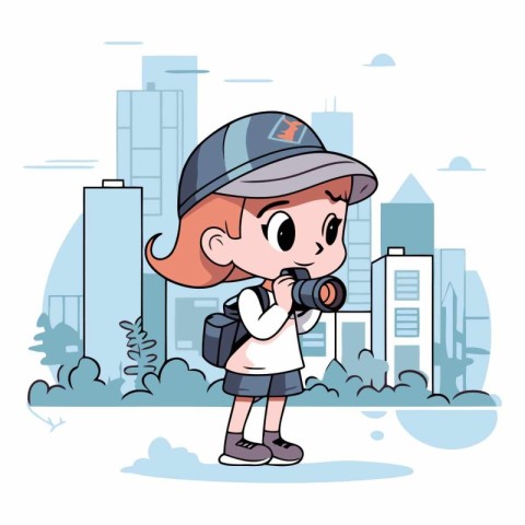 Cute little girl holding a camera in the city.