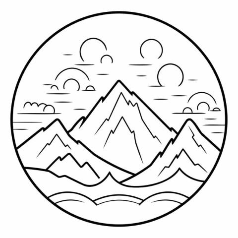 Mountains with sun and clouds in circle. Monochrome.