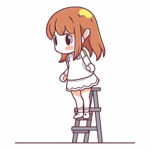 Little girl standing on a ladder in cartoon style.