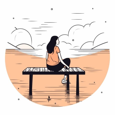 Vector illustration of a girl sitting on a bench in the sea.