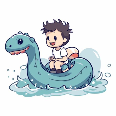 Vector illustration of a boy swimming on an inflatable toy drago