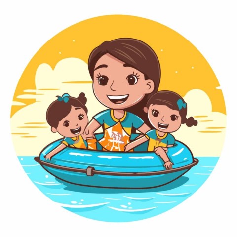 Mother and children on inflatable boat in cartoon style.