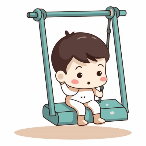 Cute little boy playing on a swing. Vector cartoon illustration.