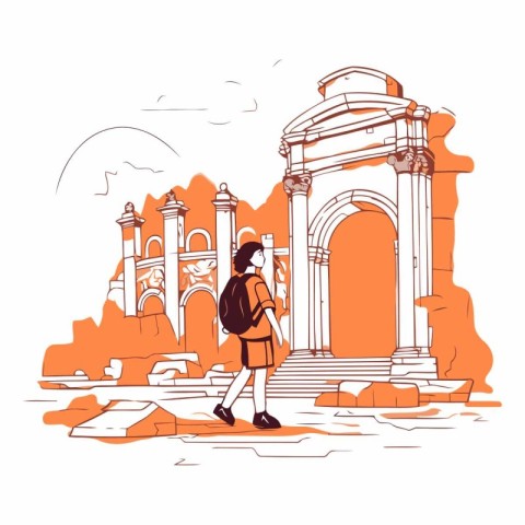 Tourist girl with backpack walking on the ancient city