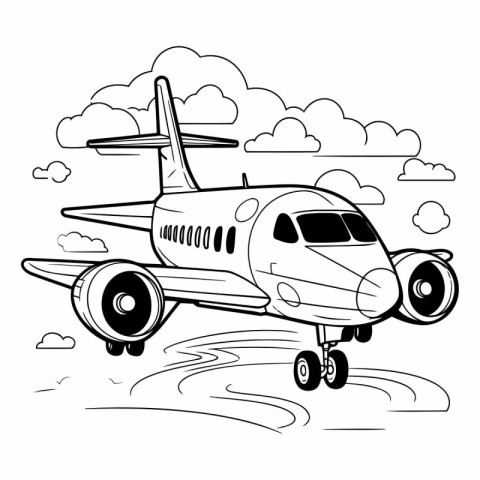 Airplane flying in the sky in cartoon style.