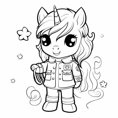 Black and white illustration of a cute unicorn girl. Vector imag