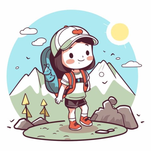 Cute little boy with backpack hiking in mountains.