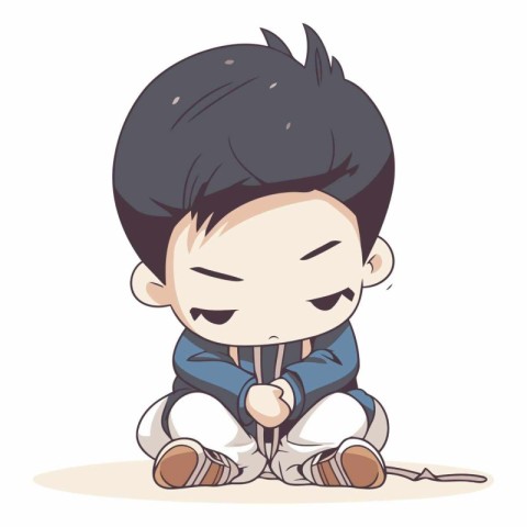 Cute little boy sitting and crying in cartoon style.