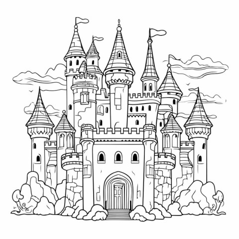 Fairytale castle. Fairy tale castle. Black and white vector illu