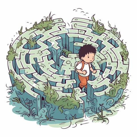 Little boy running through a maze of a labyrinth.