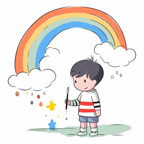 Illustration of a Little Boy Holding a Paintbrush and a Rainbow