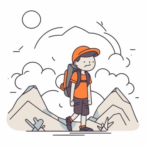 Hiking boy with backpack and cap in the mountains