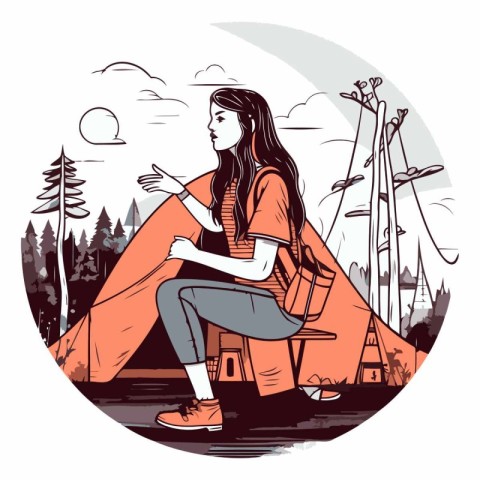 Young woman sitting on a chair in the forest.