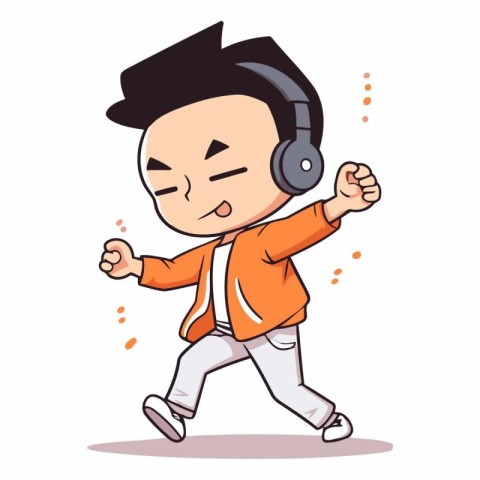 Cartoon boy with headphones dancing and listening to music.