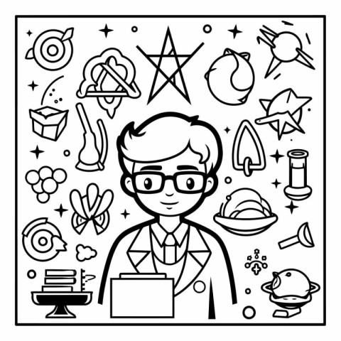 Black and white line art illustration of a male scientist workin