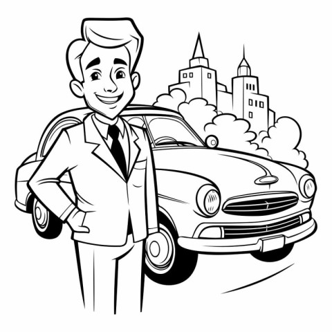 Businessman with a car on the background of the city