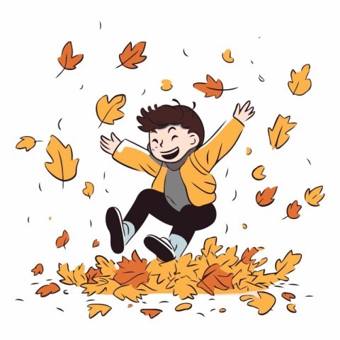 Happy boy jumping in autumn leaves of a happy boy jumping in aut