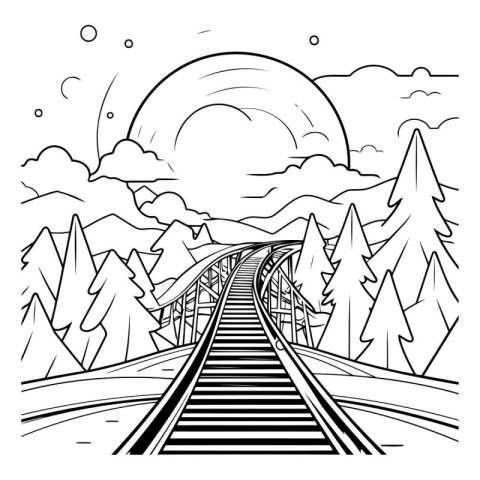 Railroad tracks in the forest for coloring book.