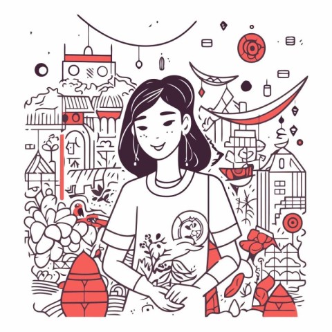 Vector illustration of a girl in the city. The girl is holding a