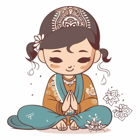 Illustration of a cute little girl meditating in lotus position