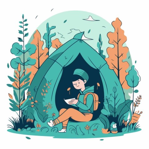 Vector illustration of a girl sitting in a tent and reading a bo