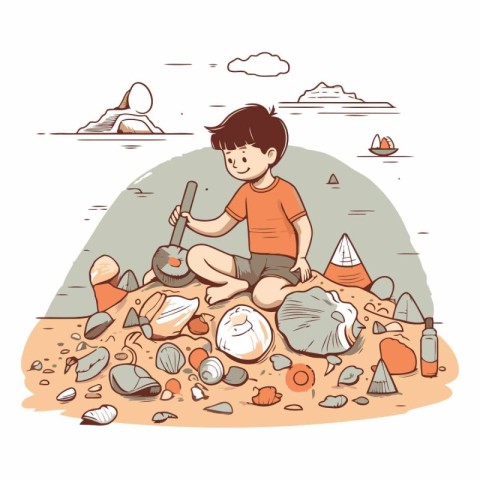 Boy collecting garbage on the beach in cartoon style.