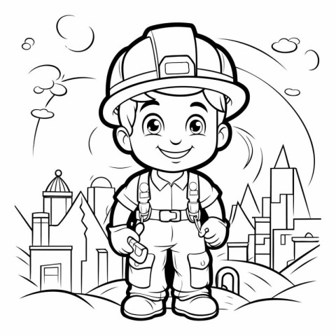 Black and White Cartoon Illustration of Little Boy Construction