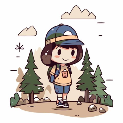 Cute little girl hiking in the forest in cartoon style.