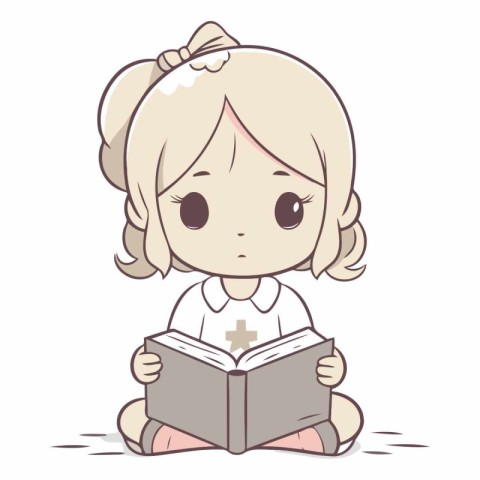 Illustration of a Cute Little Girl Reading a Book While Sitting