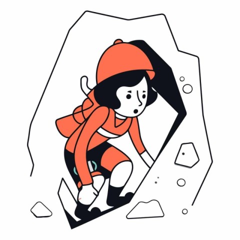 Climber girl climbing a rock in cartoon style.