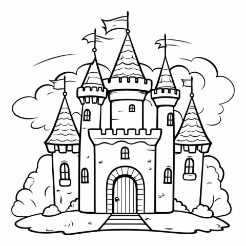 Cartoon castle. Black and white vector illustration for coloring