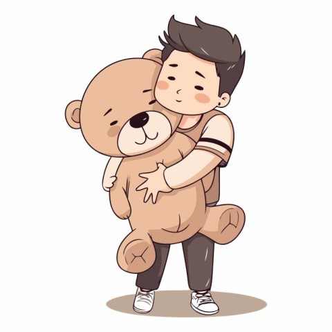 Vector illustration of a little boy hugging his big teddy bear.