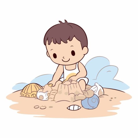 Little boy playing with sand and shells on the beach.