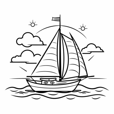 Sailing boat in the sea. Black and white vector illustration.