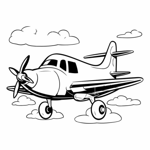 Airplane in the clouds. Black and white vector illustration isol