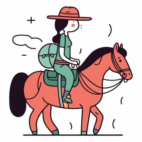 Girl in a hat on horseback in a flat style.