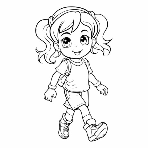 Coloring Page Outline Of a Cute Little Girl - Vector