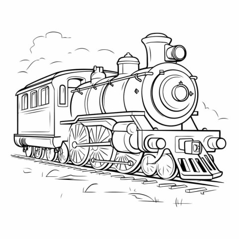 Steam locomotive. Black and white vector illustration on white b