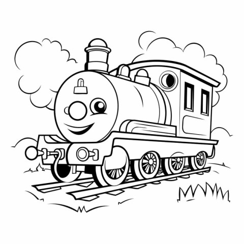 Black and White Cartoon Illustration of Funny Steam Train Charac