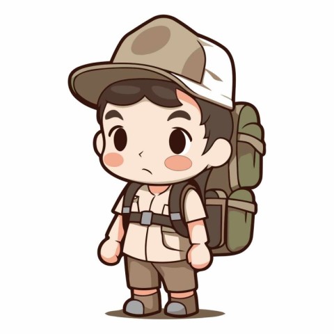 Explorer boy wearing safari hat and carrying backpack cartoon ve