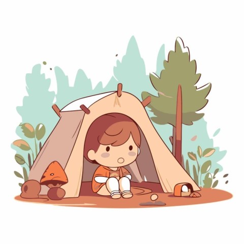 Cute little boy in a tent in the forest