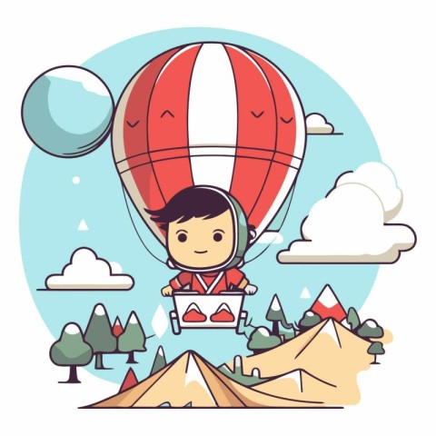 Little boy flying on a hot air balloon over the mountains.