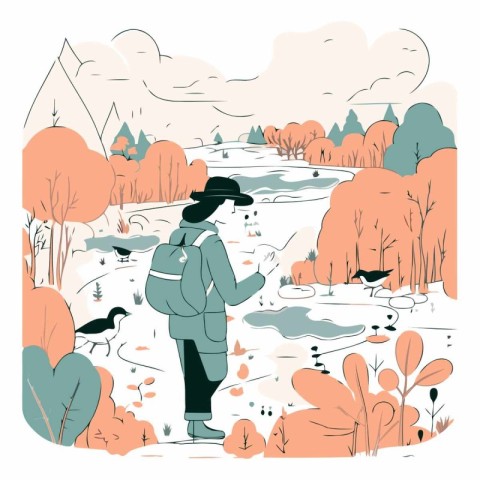 Vector illustration of a girl in a hat with a backpack walks in