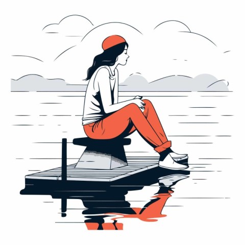 Girl sitting on a boat on the lake in sketch style.