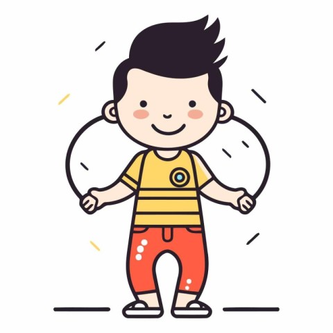 Cute cartoon boy with skipping rope in linear style.